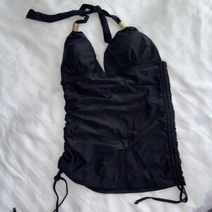 Black Halter Tankini Top‎ Gold Detail Ruched Swim Top size S